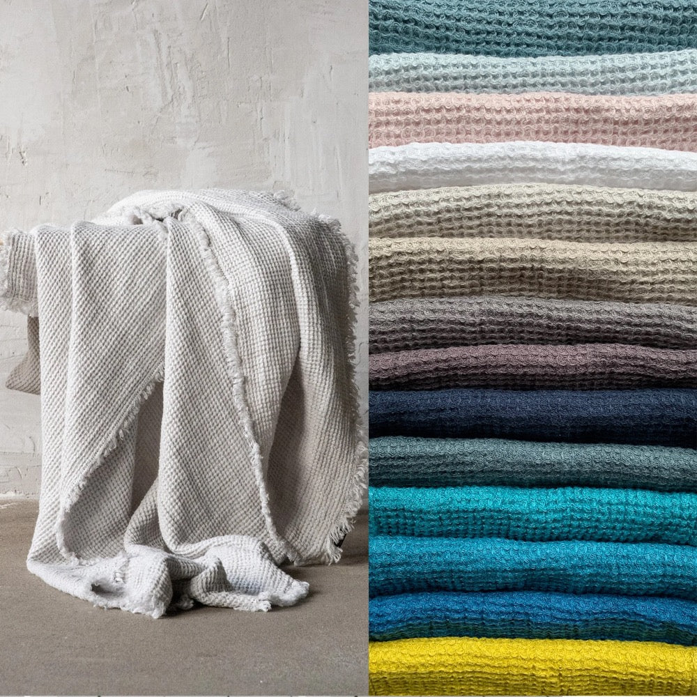 Waffle Linen Throw Blanket in Various Colours With Hand Made Fringes. Twin, Queen