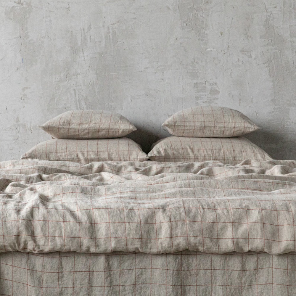 Window Pane Linen Duvet Cover in Brick, Rust, Terra Cotta. Washed large check softened linen bedding