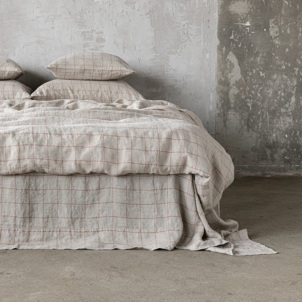 Window Pane Linen Duvet Cover in Brick, Rust, Terra Cotta. Washed large check softened linen bedding