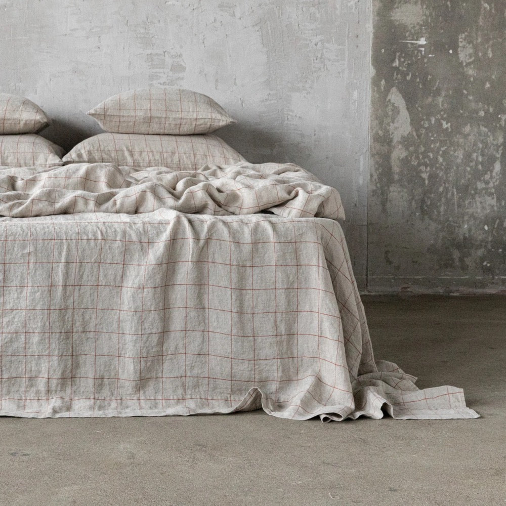 Window Pane Linen Duvet Cover in Brick, Rust, Terra Cotta. Washed large check softened linen bedding